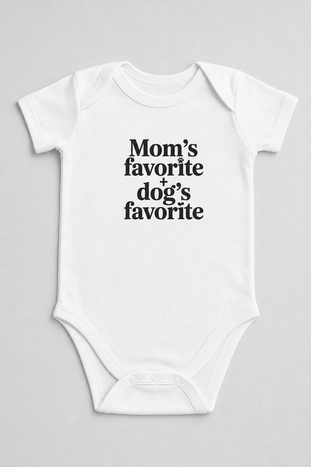 Pink baby bodysuit with Mom's Favorite Dog's Favorite print, snap closure