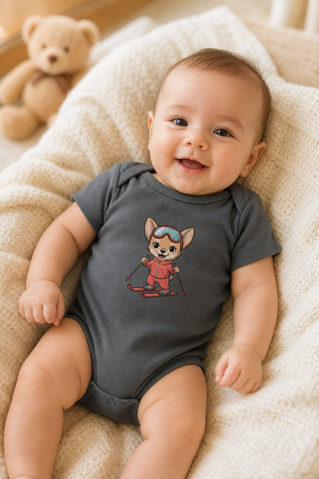 White baby bodysuit with cute skiing chihuahua print, snap closure