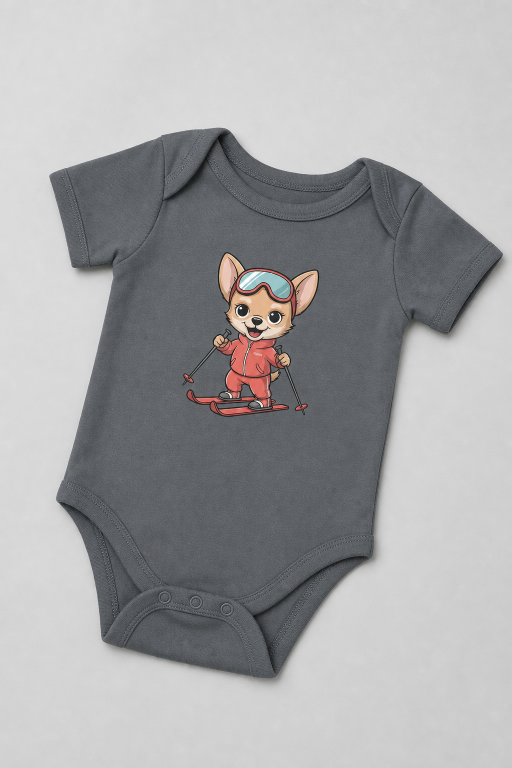 Baby wearing white skiing chihuahua bodysuit, snap closure