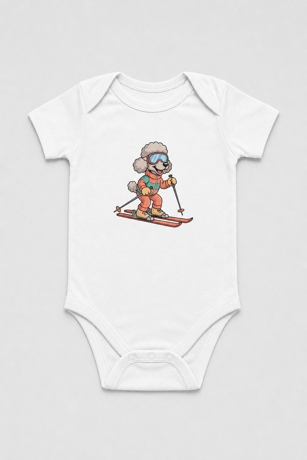 Baby wearing white skiing poodle bodysuit, snap closure