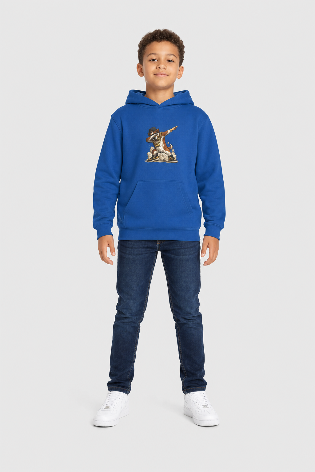 Dabbing dog design detail on kids pullover hoodie
