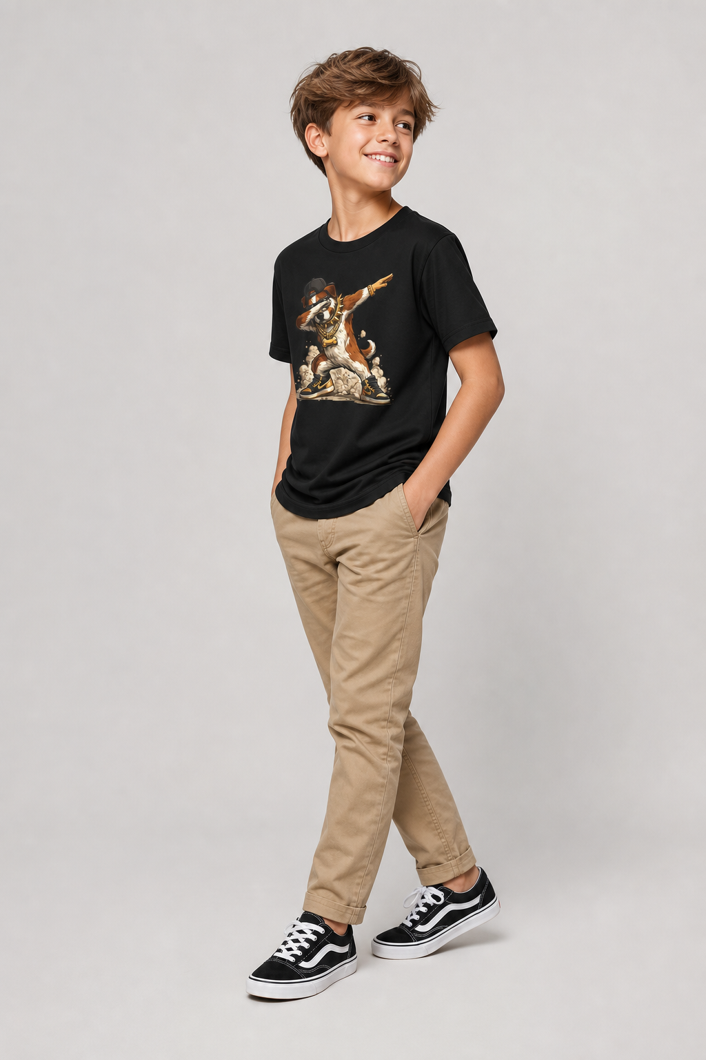 White kids t-shirt with dabbing dog print, children's cotton tee