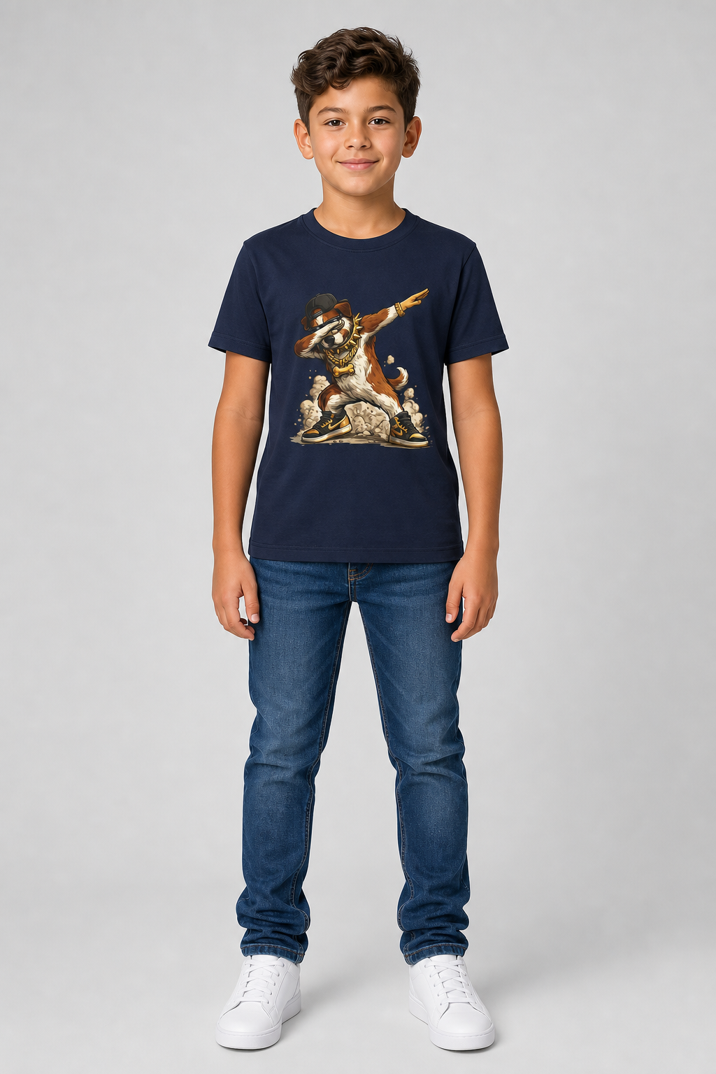 Girl wearing dabbing dog print kids t-shirt