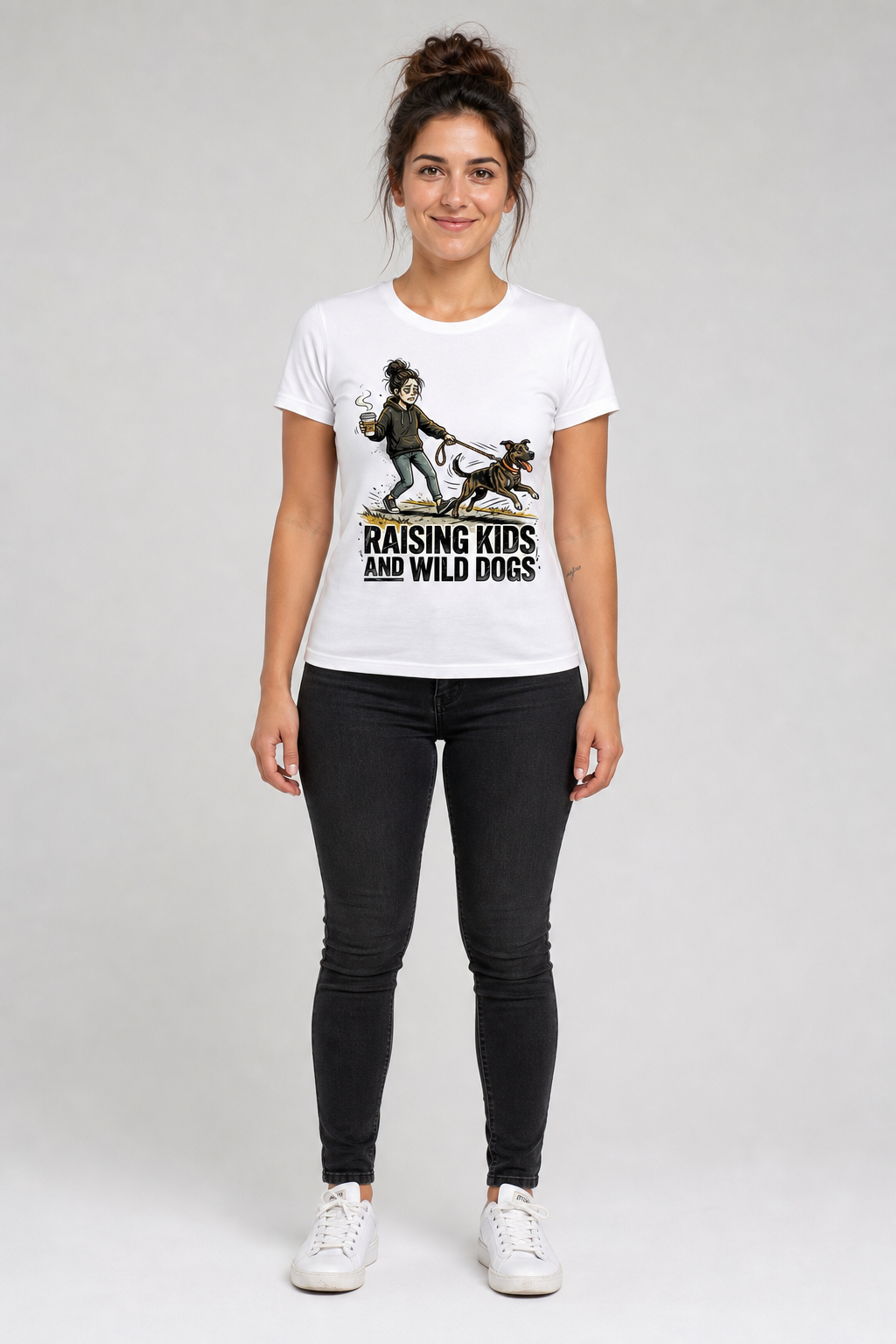 Man wearing white t-shirt with Raising Kids and Wild Dogs print