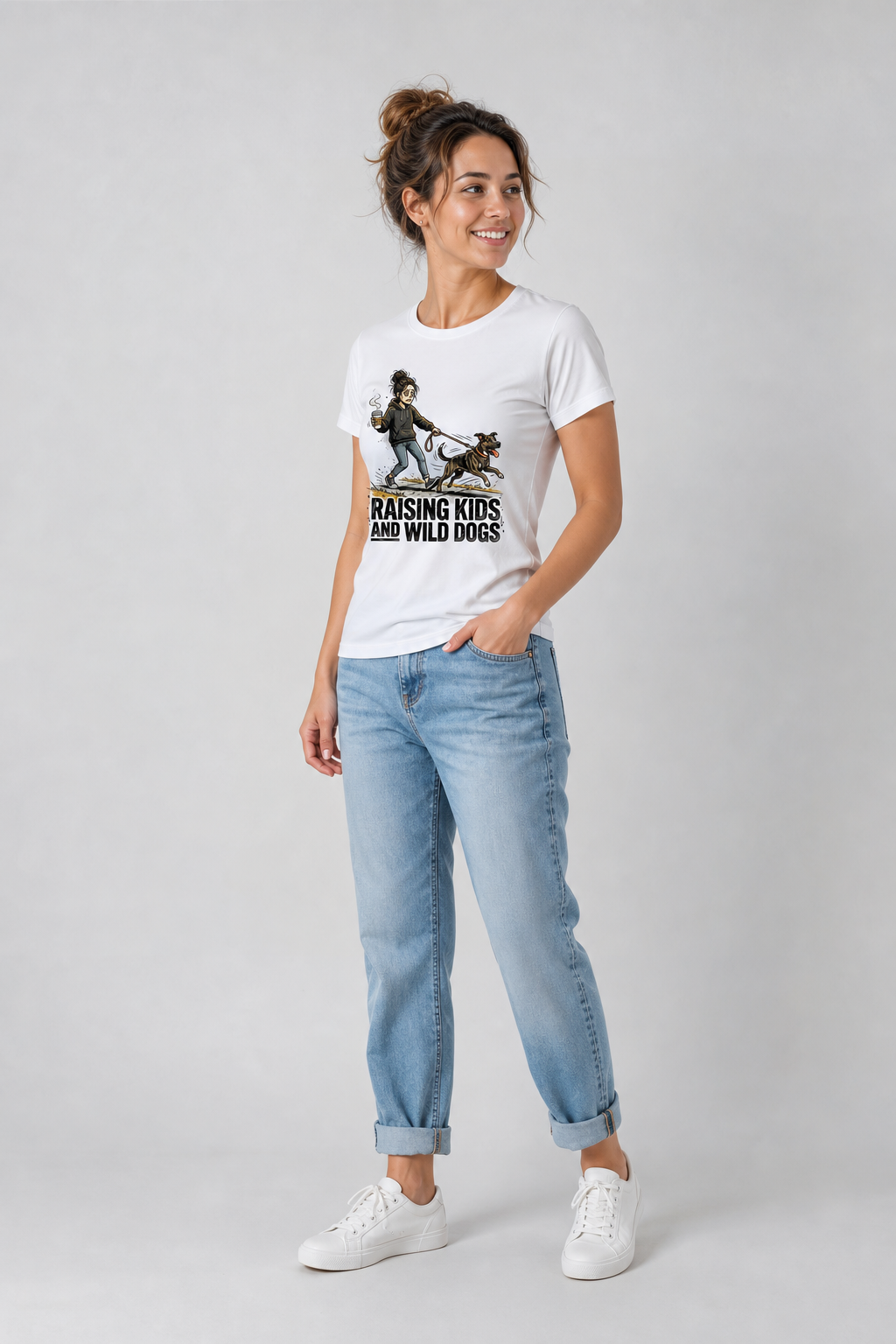 White t-shirt with Raising Kids and Wild Dogs print, unisex crew neck