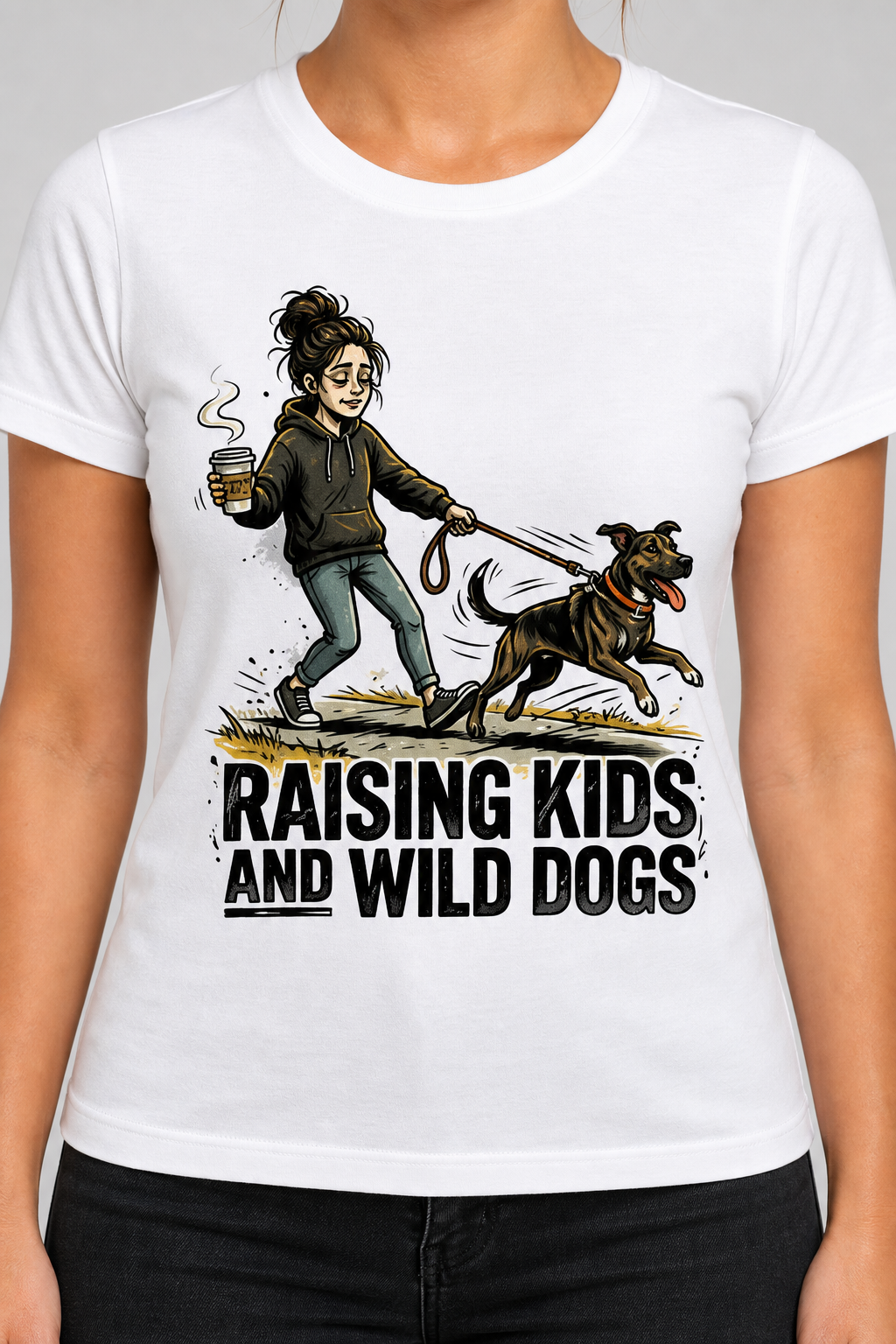 Black t-shirt with Raising Kids and Wild Dogs print, unisex crew neck