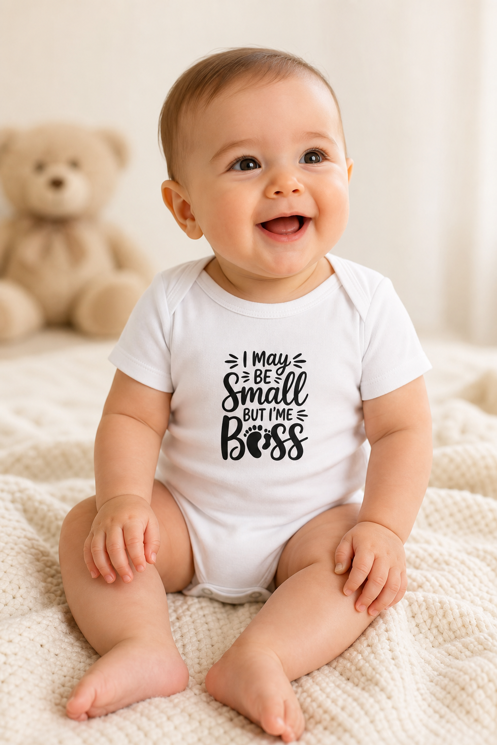 White baby bodysuit with I May Be Small But I'm Boss print, snap closure