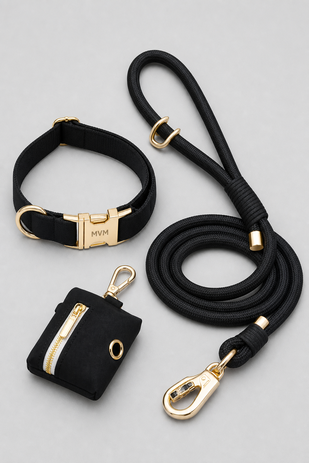 Black luxury dog collar close-up, D-ring hardware