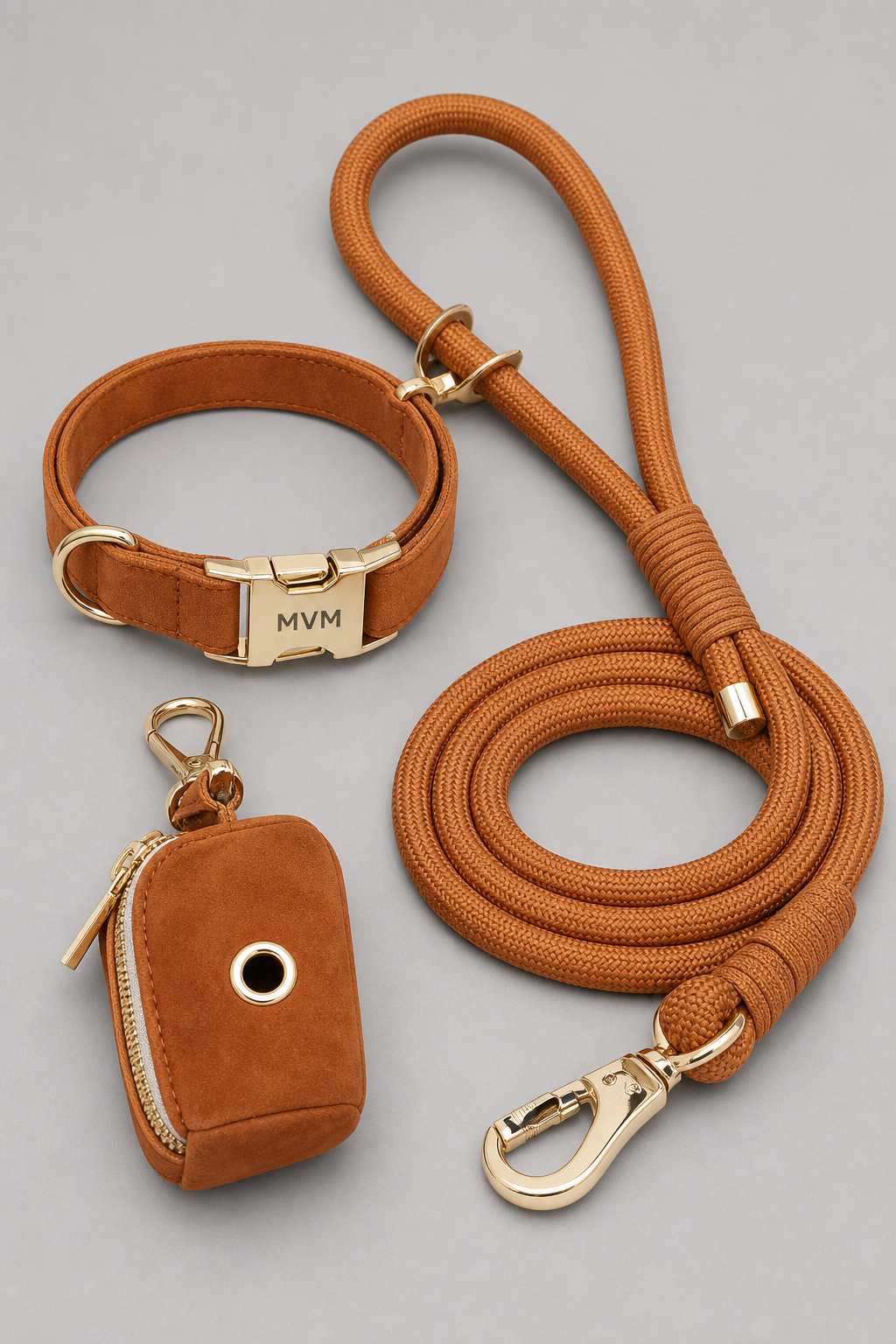 Camel luxury dog collar close-up, D-ring hardware