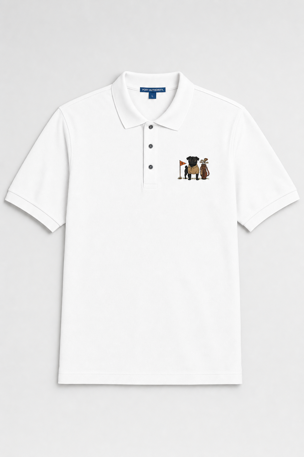 Schwarzer Mops Golfer – Besticktes Polo-Shirt