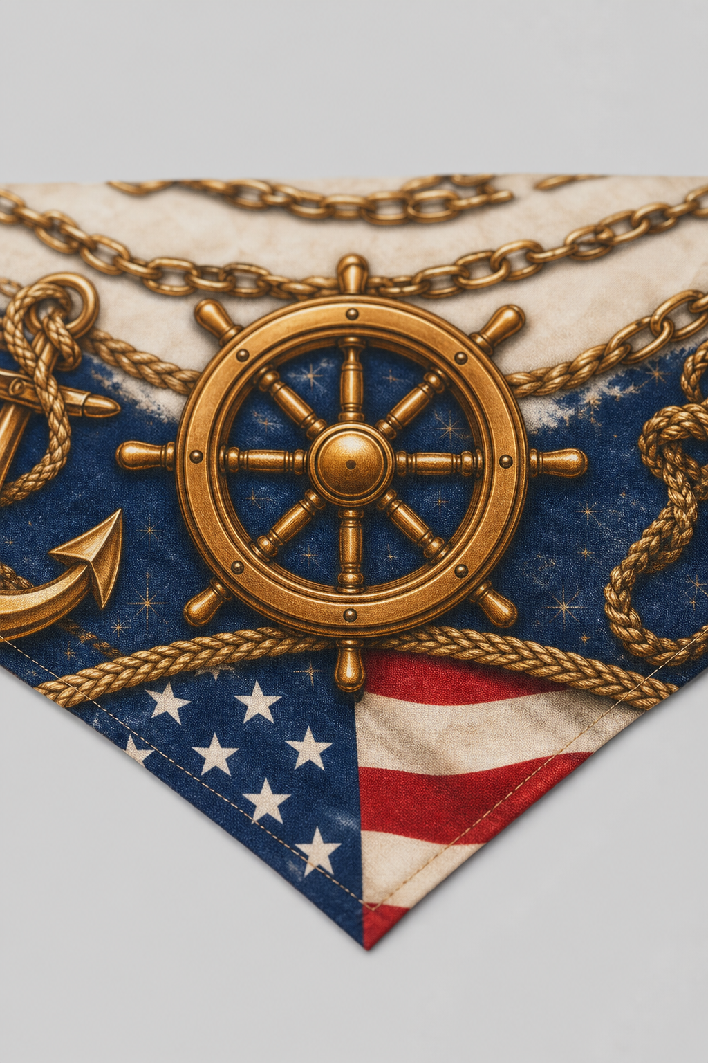 American flag anchor print detail on nautical dog bandana, triangle panel