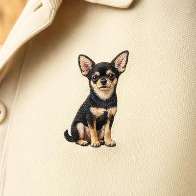 Embroidered dog breed polo shirt flat lay with accessories