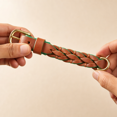 Braided leather dog collar with gold buckle held by two hands against a beige background