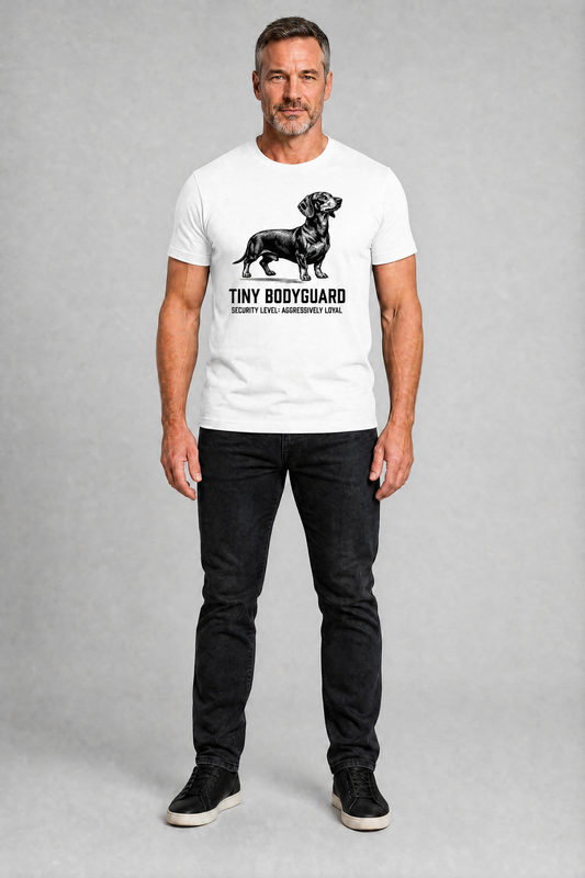 Man wearing a white t-shirt with a dachshund graphic and text on a gray background