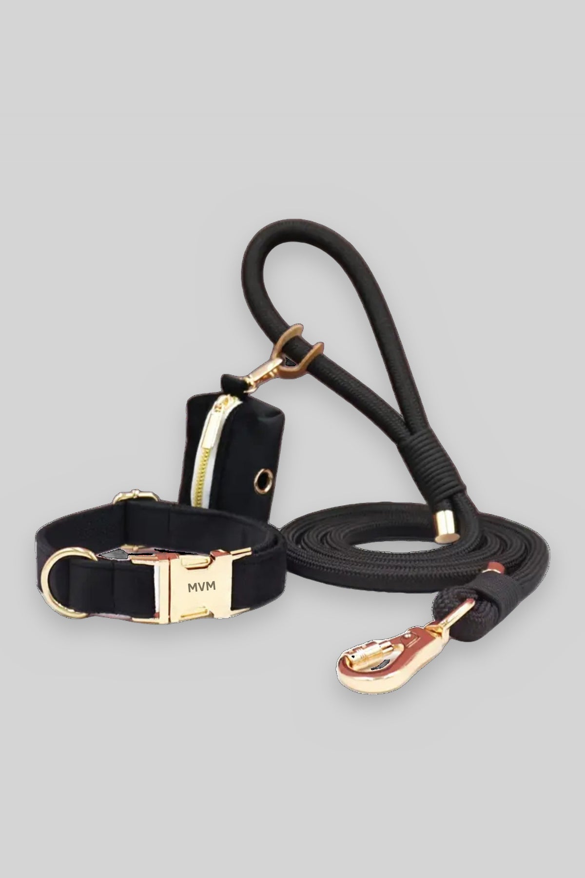 MVM Evergreen dog collar and leash set in black, packshot