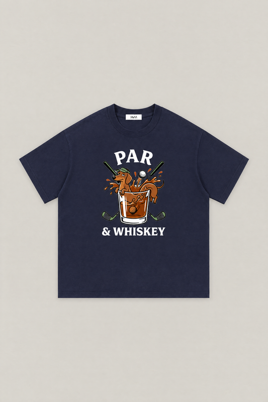 Par & Whiskey Dachshund Golf Tee in navy, flat lay front view. Color: Navy