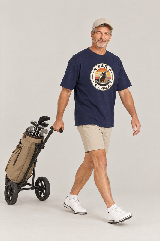 Man pulling a golf push trolley in the navy Par & Whiskey French Bulldog Badge Golf Tee. Color: Navy