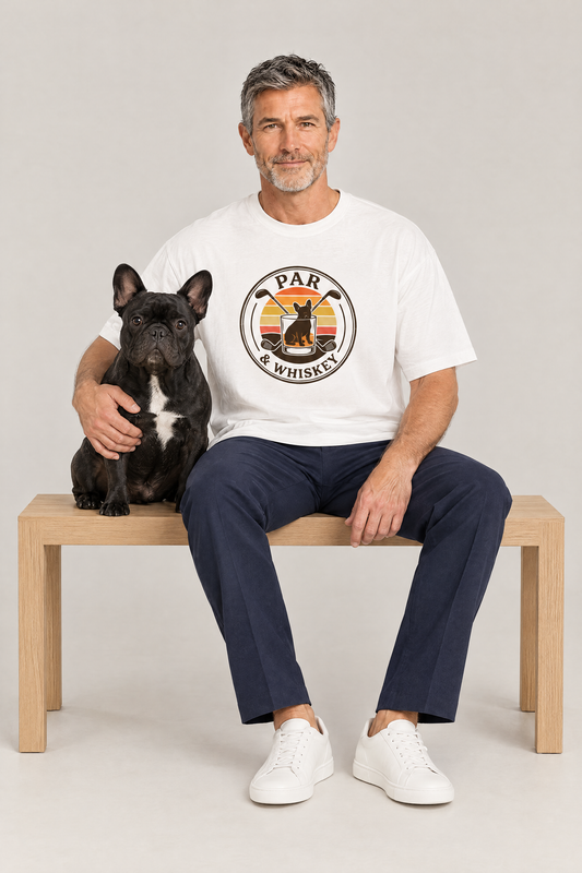Man sitting on a bench with a black French bulldog in the white Par & Whiskey French Bulldog Badge Golf Tee. Color: White