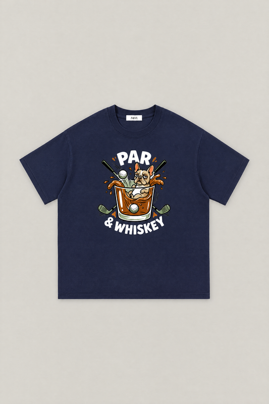 Par & Whiskey French Bulldog Splash Golf Tee in navy, flat lay front view. Color: Navy