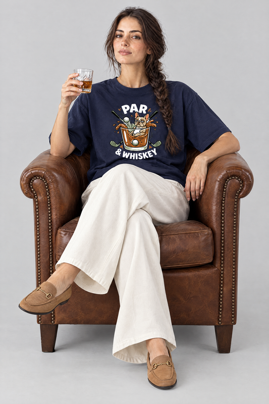 Woman sitting in a leather armchair with a whisky glass in the navy Par & Whiskey French Bulldog Splash Golf Tee. Color: Navy