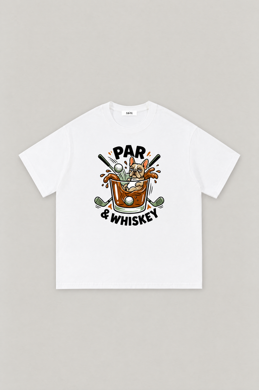 Par & Whiskey French Bulldog Splash Golf Tee in white, flat lay front view. Color: White