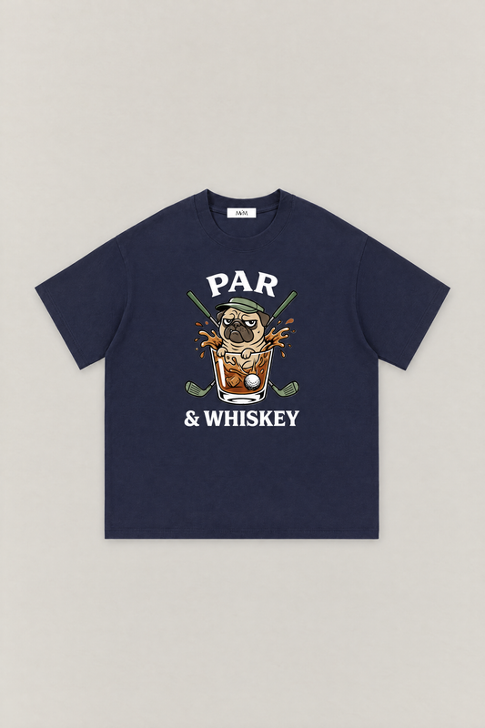 Par & Whiskey Pug Golf Tee in navy, flat lay front view. Color: Navy