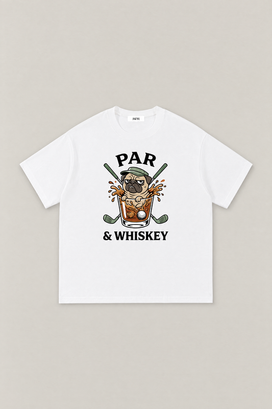 Par & Whiskey Pug Golf Tee in white, flat lay front view. Color: White