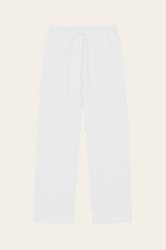 Flat lay of white Putting dachshund golf sweatpants, back view on warm off-white background. Color: White
