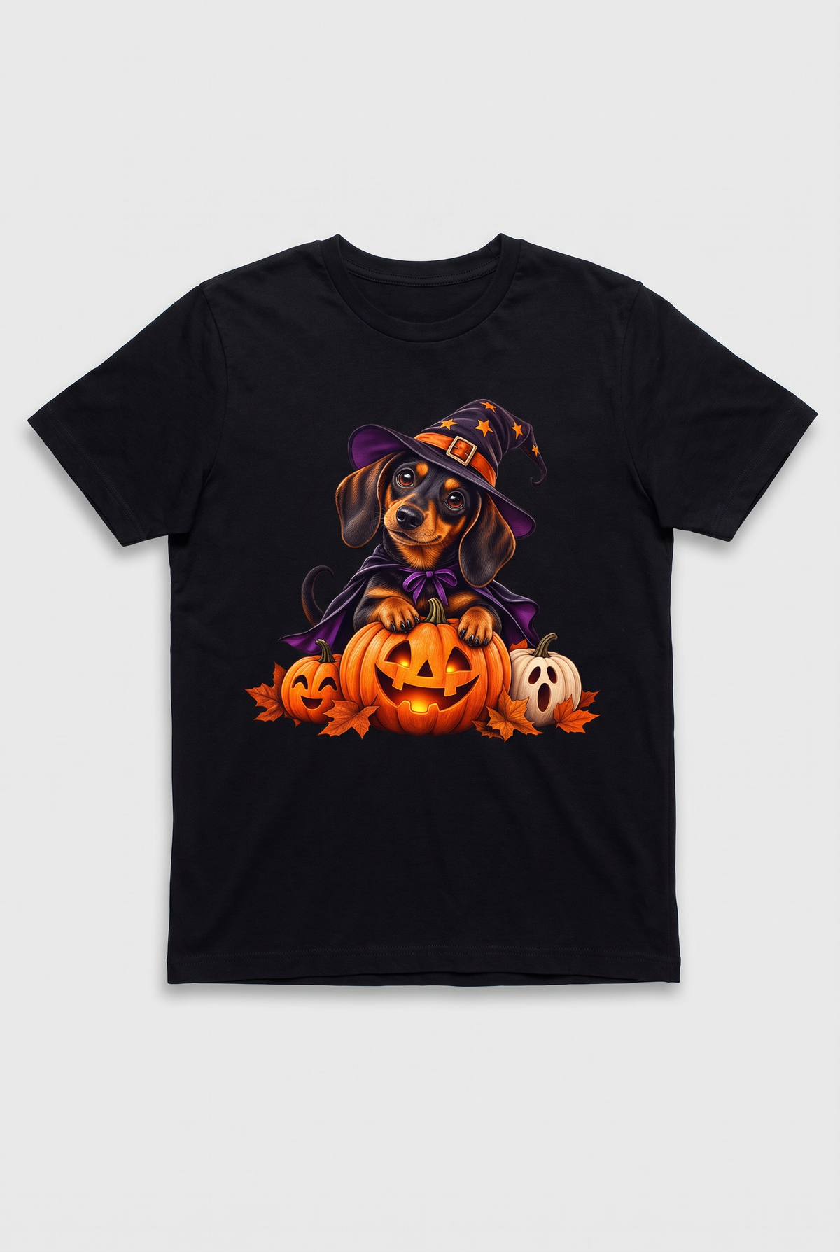 Flat lay of a black dachshund witch Halloween t-shirt with a wiener dog in a witch hat and cape on a glowing jack-o-lantern