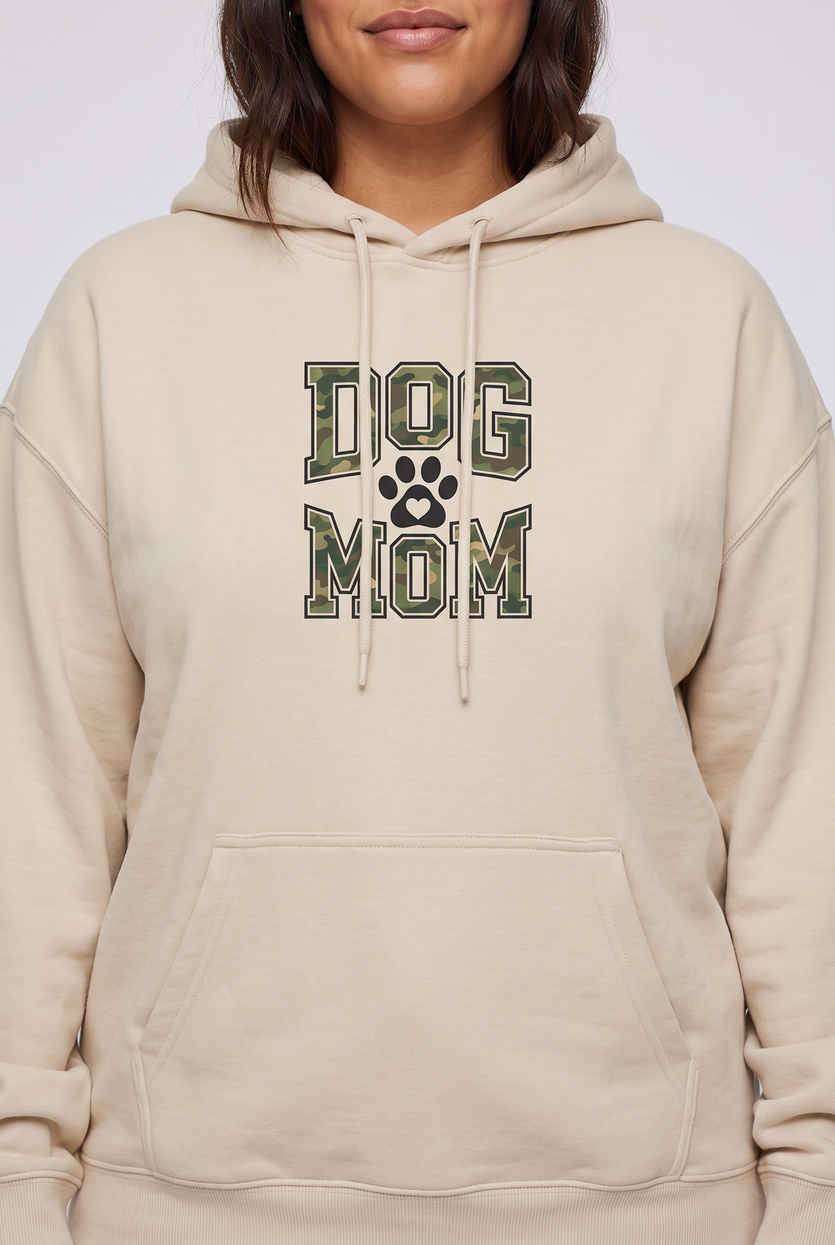 Close-up of the print on the Camo Dog Mom hoodie in sand. Color: Sand