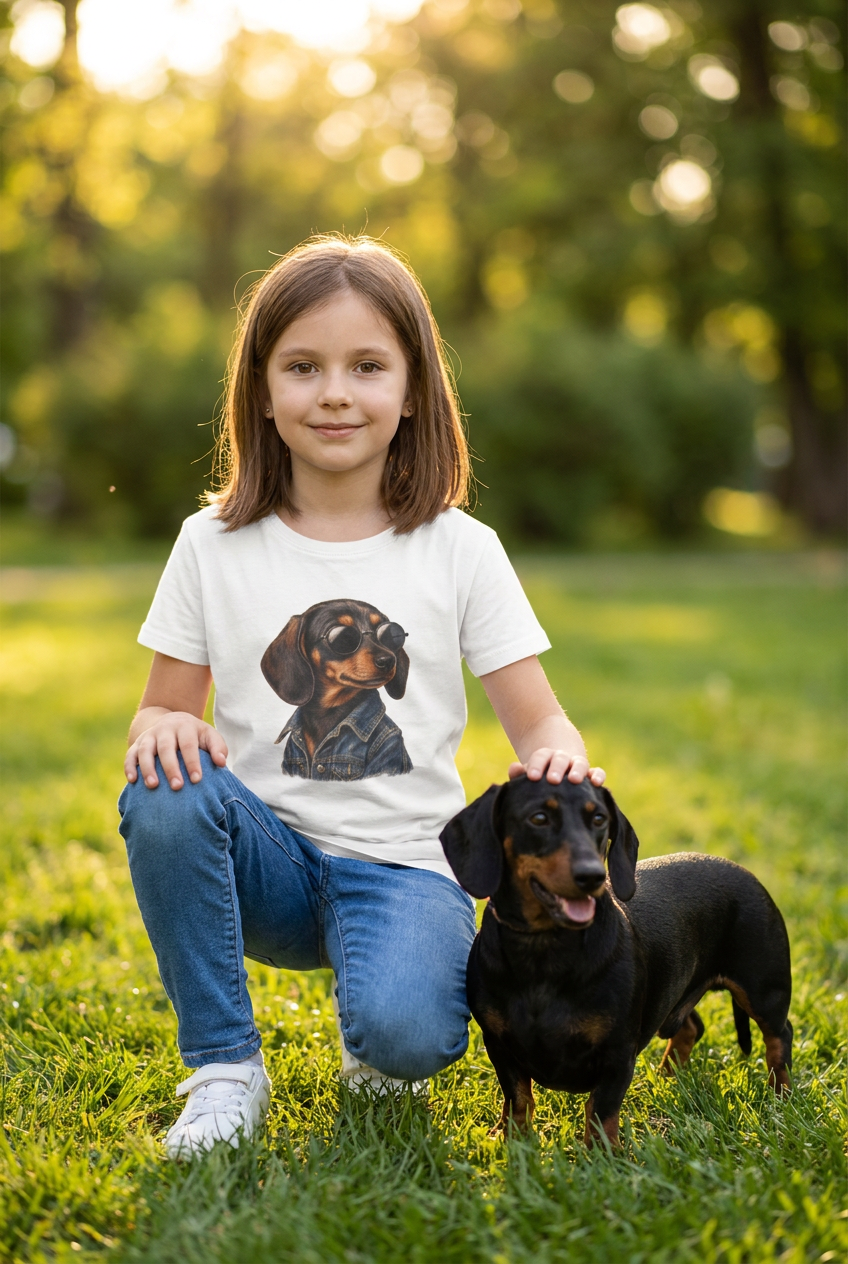 Mädchen im weißen Dackel Kinder T-Shirt streichelt einen echten Dackel im sonnigen Park