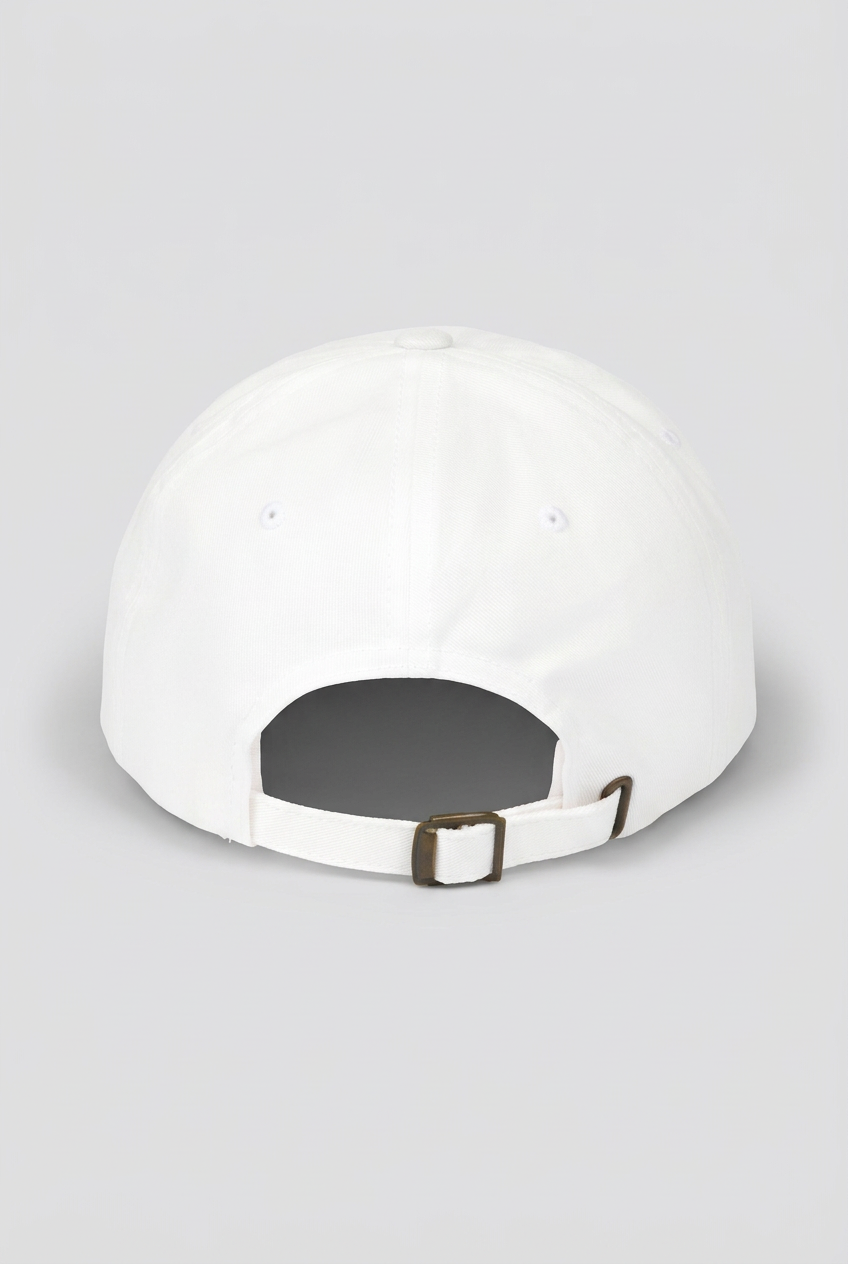 Color: White. White golf cap, back view with adjustable brass buckle strap