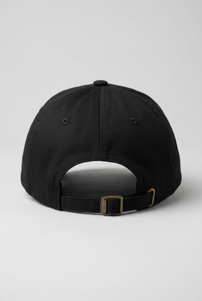 Color: Black. Black golf cap, back view with adjustable brass buckle strap