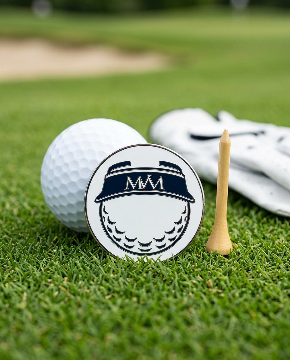 Visor Ball golf ball marker in navy and cream print on grass with a wooden tee and golf glove