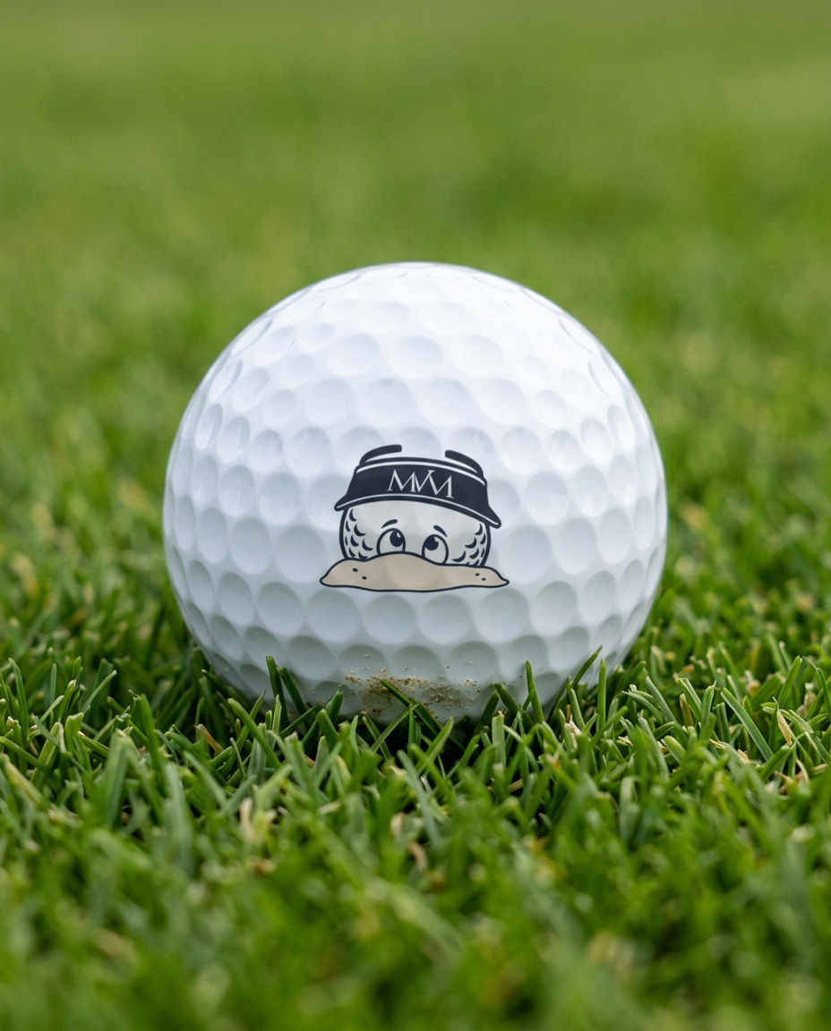 Bunker Buddy golf ball in navy and cream print, close-up on green grass