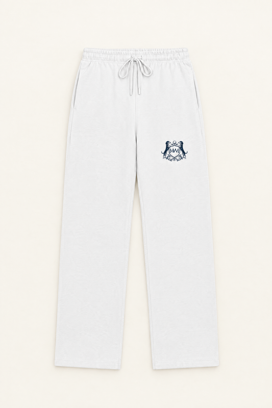 Flat lay of white straight-leg Club Crest sweatpants with the small navy crest on the upper thigh