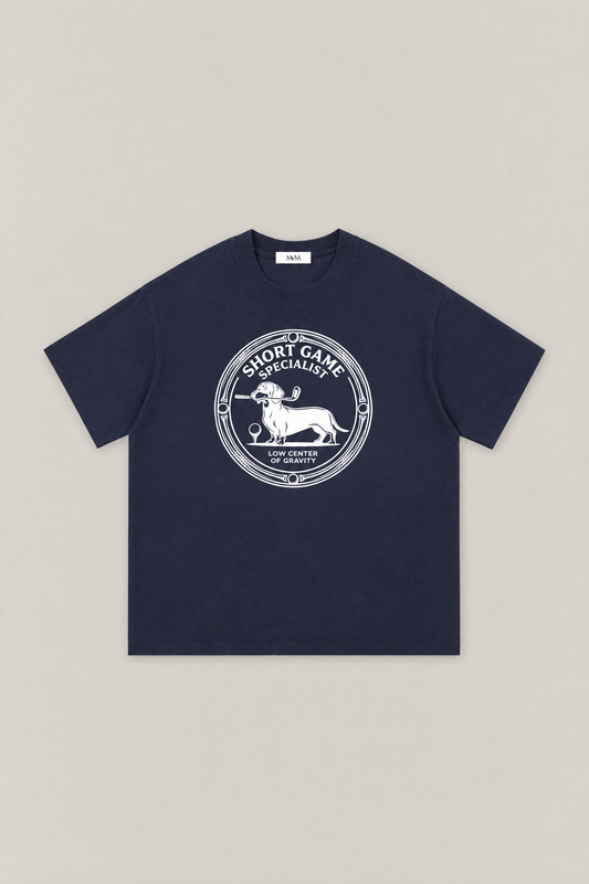 Short Game Specialist Dachshund Golf Tee in navy, flat lay front view. Color: Navy