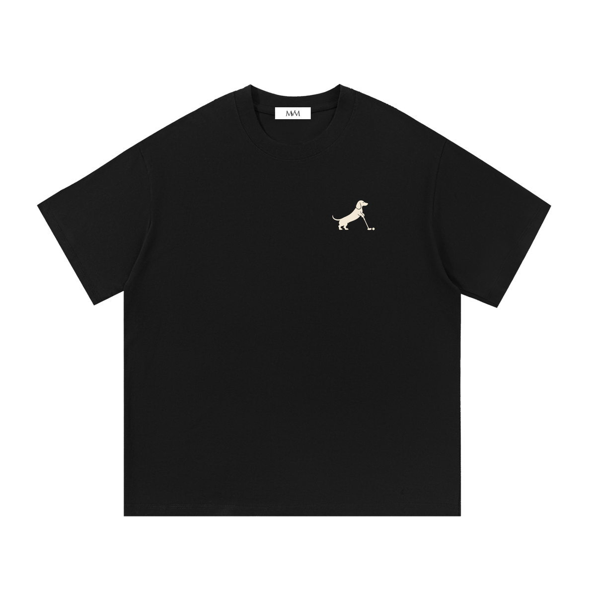 Putting dachshund golf T-shirt, front view. Color: Black