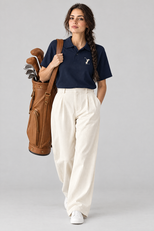 Woman carrying a tan leather golf bag in the navy blue Swing dachshund golf polo and cream wide-leg trousers. Color: Navy Blue