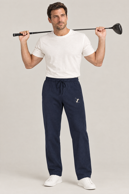 Man holding a driver behind his shoulders in navy blue Swing dachshund golf sweatpants and a white tee. Color: Navy Blue
