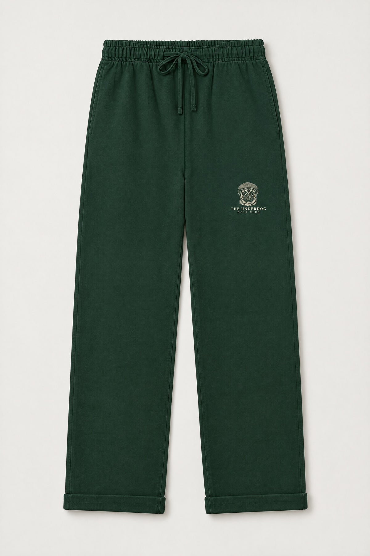 Flat lay of Underdog Golf Club pug crest sweatpants in Blackish Green. Color: Blackish Green