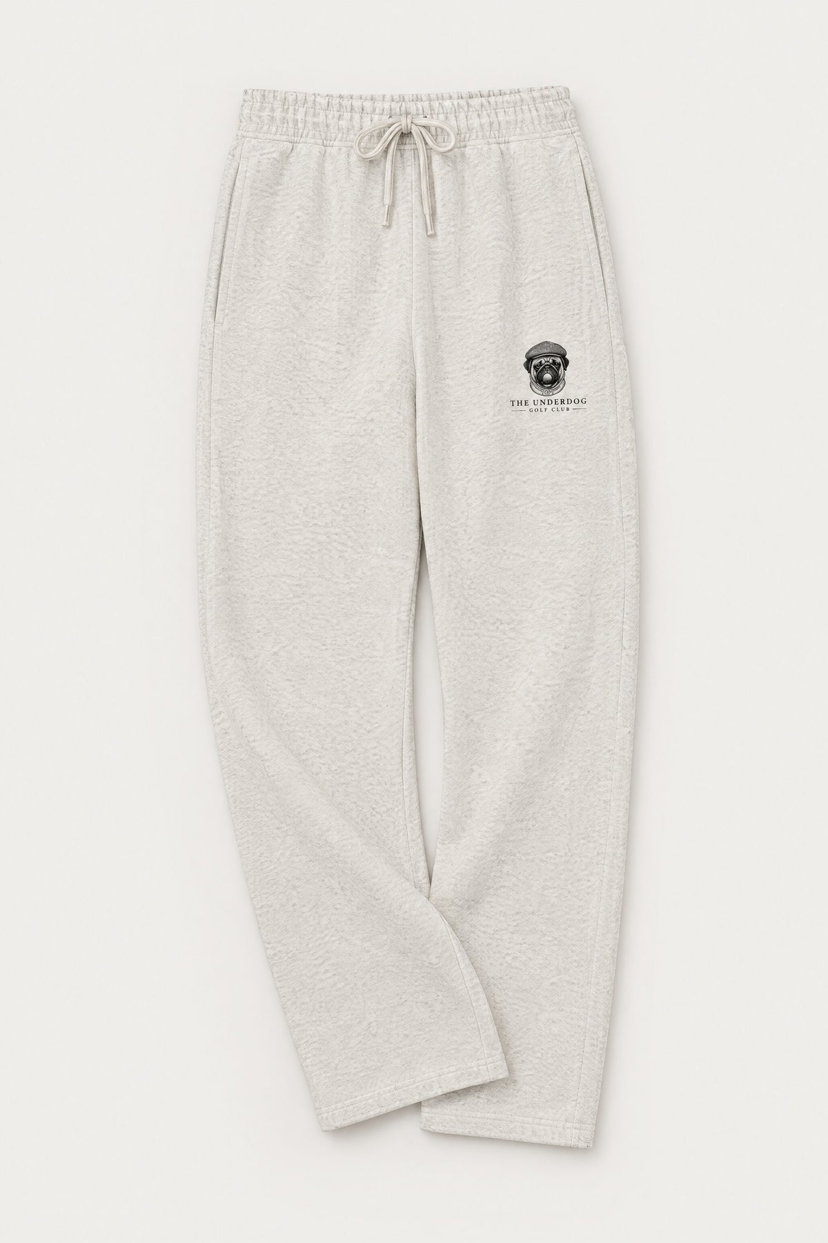 Flat lay of Underdog Golf Club pug crest sweatpants in Oat Gray. Color: Oat Gray