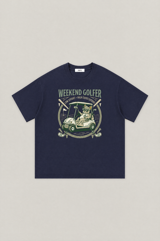 Weekend Golfer French Bulldog Golf Tee in navy, flat lay front view. Color: Navy