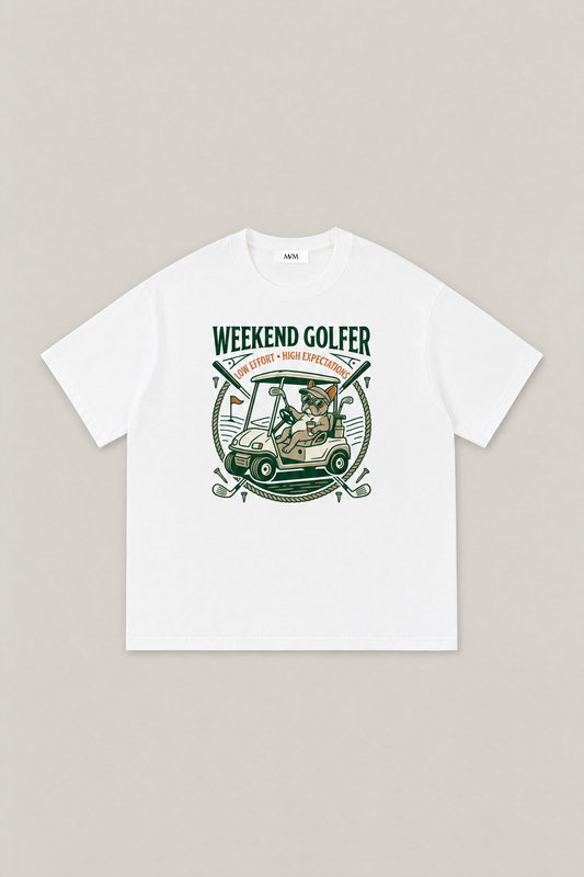 Weekend Golfer French Bulldog Golf Tee in white, flat lay front view. Color: White