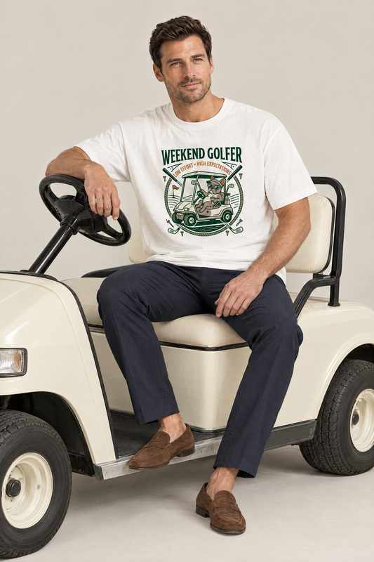 Man sitting on a golf cart in the white Weekend Golfer French Bulldog Golf Tee. Color: White