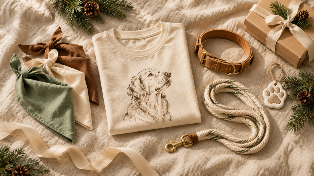 Holiday gift guide for dog lovers with dog-themed T-shirt, bandanas, collar and leash
