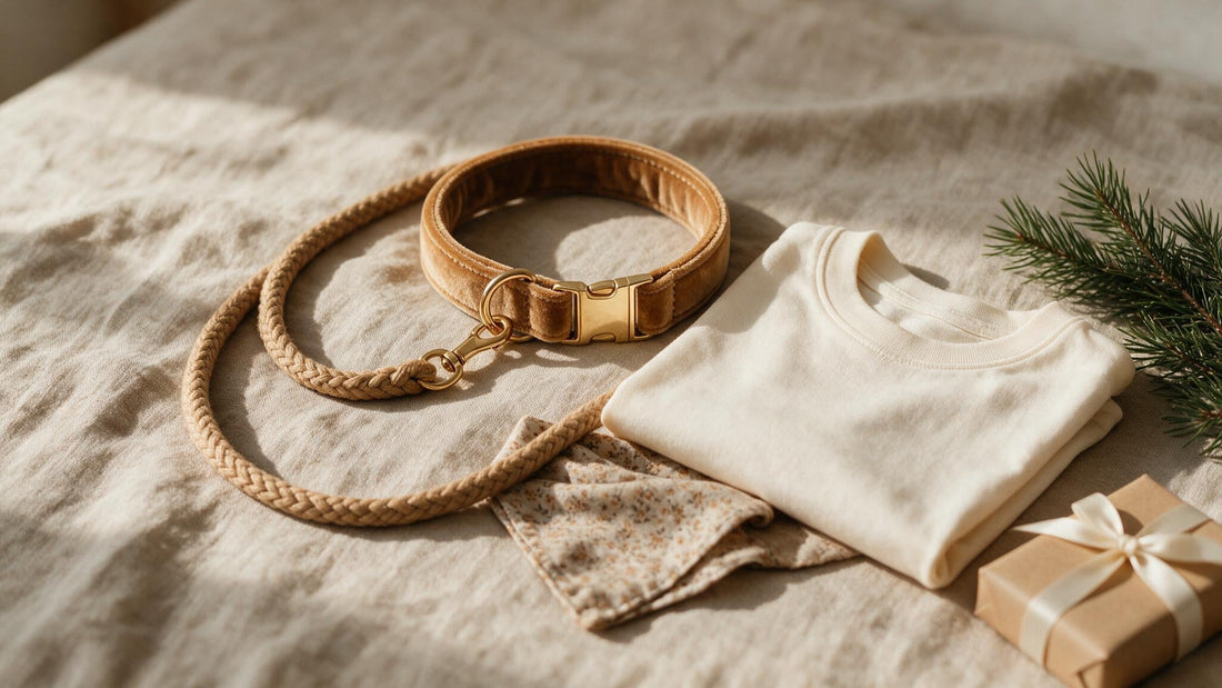 Dog lover Christmas gifts flat lay with a camel collar and leash set, folded cream t-shirt, bandana and a wrapped gift