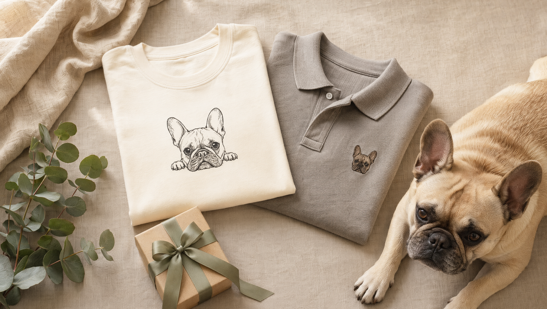 Flat lay of French Bulldog gifts, a cream tee with a hand-drawn Frenchie and a stone-grey embroidered Frenchie polo, beside a gift box and a fawn French Bulldog on beige linen