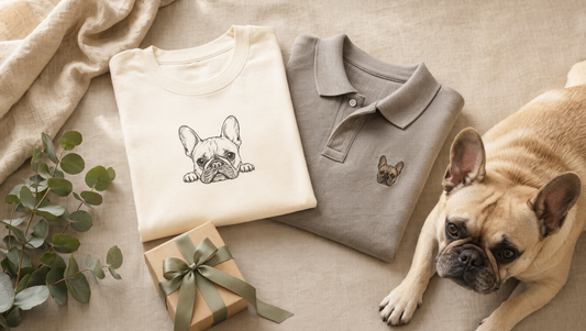 Flat lay of French Bulldog gifts, a cream tee with a hand-drawn Frenchie and a stone-grey embroidered Frenchie polo, beside a gift box and a fawn French Bulldog on beige linen