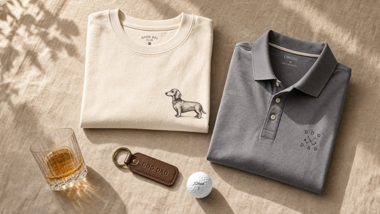 Flat lay of dog dad gifts on warm linen, a cream tee with a hand-drawn dachshund, a steel-grey embroidered golf polo, a whiskey glass and a leather keychain